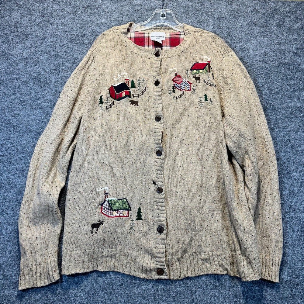 Breckenridge Cardigan Women 3X Beige Winter Cabin Embroidery Cottagecore Sweater